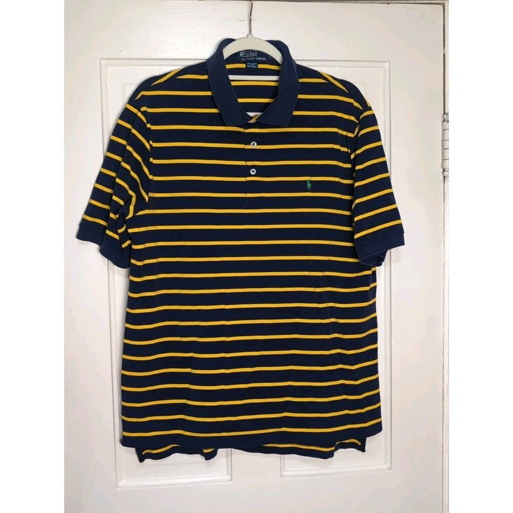 Polo Ralph Lauren Shirt Blue Yellow Stripes Equestrian Golf Men's L Pima(1186)